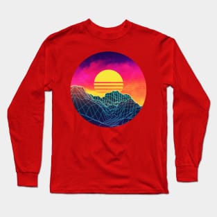 Neon glowing sun grid mountain Long Sleeve T-Shirt